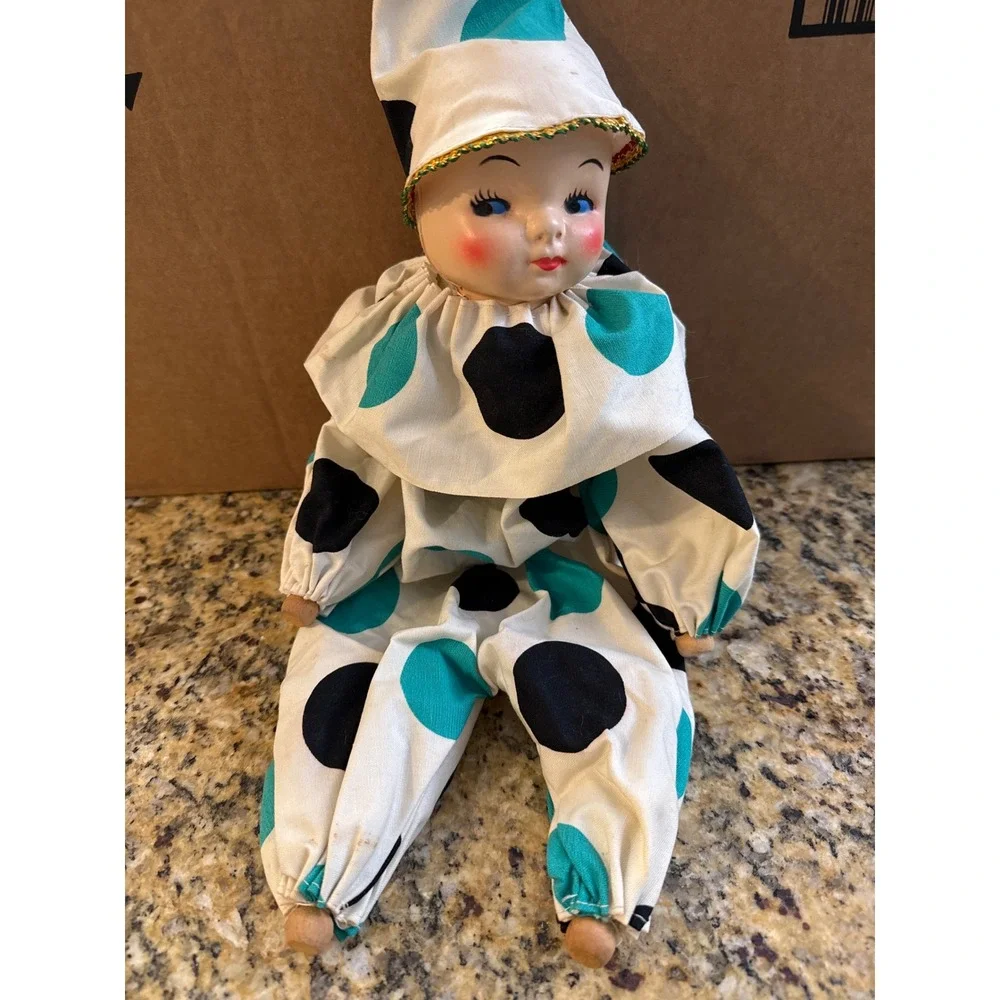 Vintage Clown Doll 16 Inch Teal Black Polka Dot Harlequin Wood Hands